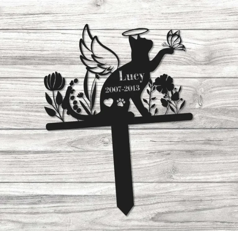 Cat Memorial Metal Stake, Pet Grave Markers, Cat With Butterfly Garden Stake, Personalized Cat Lovers Name Sign, Cat Memorial Marker Metal