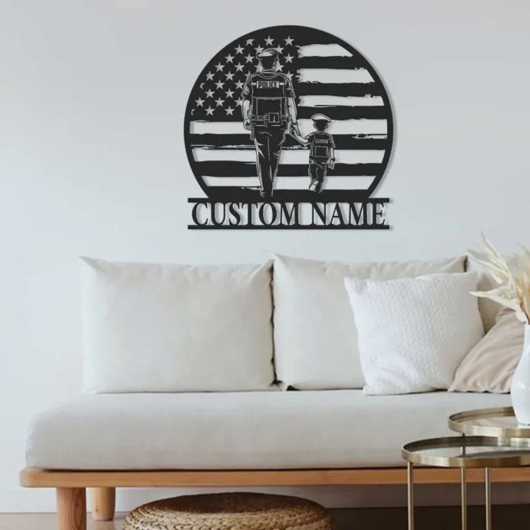 Custom Us Police Dad And Daughter Metal Wall Art, Personalized Policeman Name Decor Hanging For Home, Police Gift, Us Police Dad And Son Gift