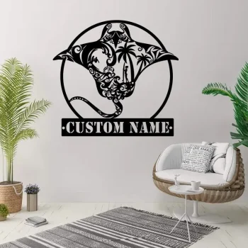 Custom Surfing Manta Ray Metal Wall Art Personalized Stingray Name Sign Home Decor Beach Ocean Wave Decor Housewarming Gift Beach House Sign