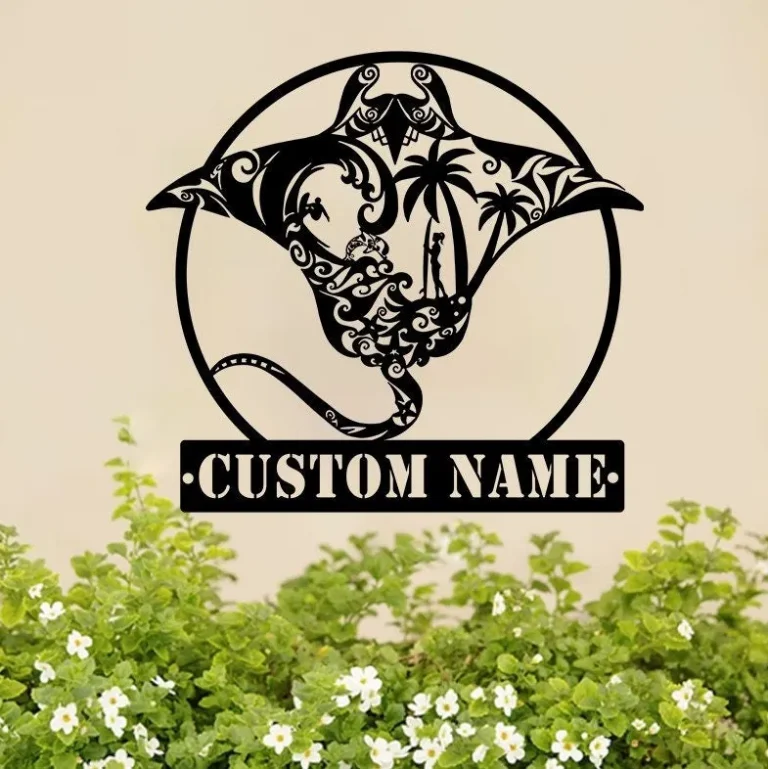 Custom Surfing Manta Ray Metal Wall Art Personalized Stingray Name Sign Home Decor Beach Ocean Wave Decor Housewarming Gift Beach House Sign