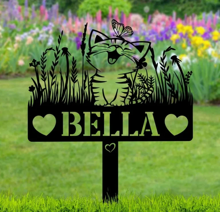 Metal Cat With Butterfly Memorial, Personalized Cat Name Yard, Floral Cat Playing With Butterfly Metal Garden, Custom Cat Flower Garden