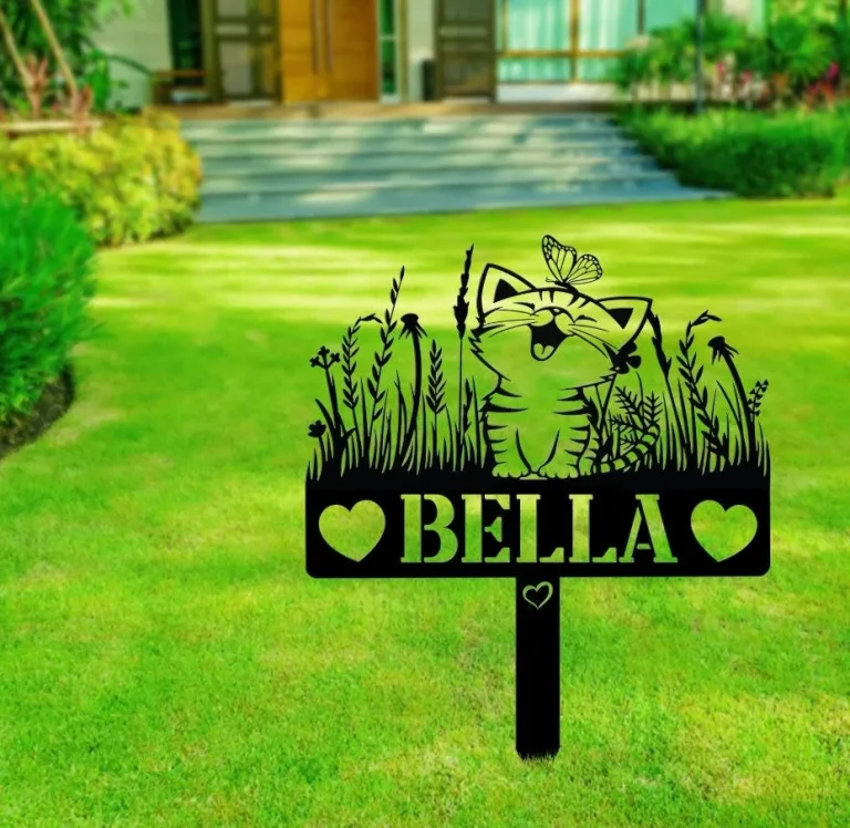 Metal Cat With Butterfly Memorial, Personalized Cat Name Yard, Floral Cat Playing With Butterfly Metal Garden, Custom Cat Flower Garden