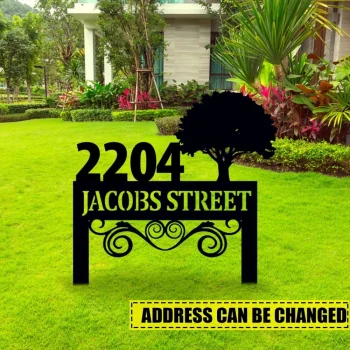 Custom Address Metal Sign, Personalized Garden House Number Sign, Address Sign With Tree Stake, Front Porch Decor, Lawn Mounted Address Plaque