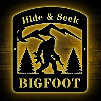 Custom Bigfoot Mountain Metal Sign With Led Lights, Bigfoot Metal Sign, Sasquatch Custom Name, Sasquatch Sign, Gifts For Him Wall Hanging