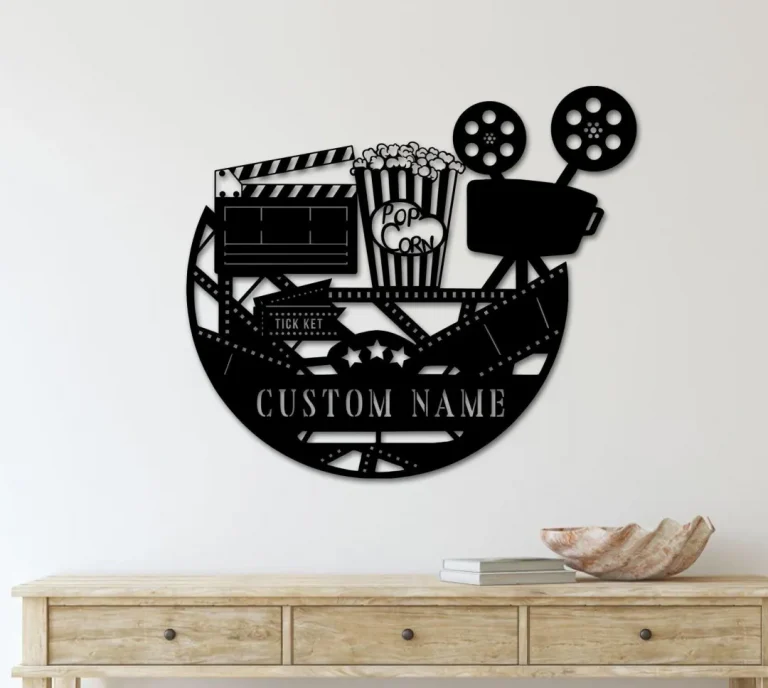 Custom Movie And Popcorn Metal Wall Art, Personalized Cinema Film Movie Name Sign Home Decor Man Cave Decoration Movie And Popcorn Sign