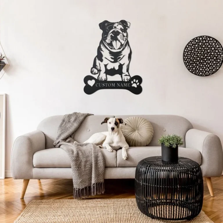 Custom English Bulldog Dog Sit Wall Art, Personalized Happy Paw Puppy Pup Pet Name Sign Decoration For Home, Dog Home Decor, Bulldog Lover
