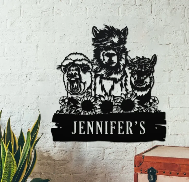 Custom Flower Alpaca Metal Wall Art, Personalized Funny Llama Farm Sign, Home Decor, Camel Barn Decor, Nursery Decoration, Farmhouse Decor