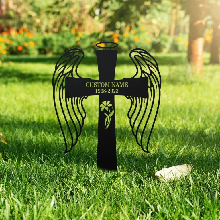 Personalized Cross With Wings Memorial Stake, Grave Marker, Remembrance Stake, Garden Decor, Cross Sign, Metal Stake, Sympathy Sign, Dad Gift