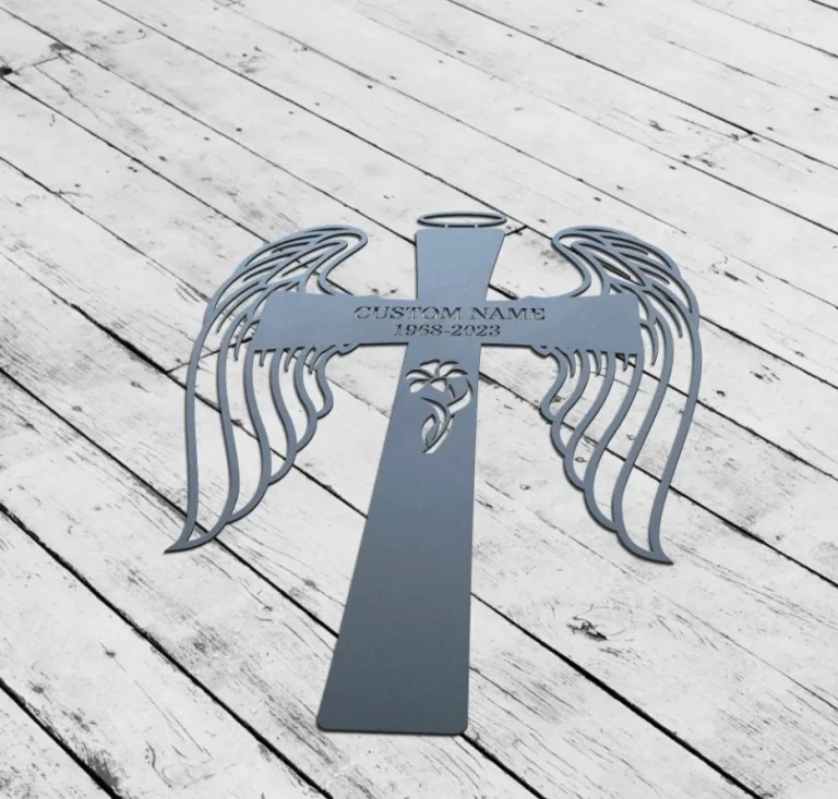 Personalized Cross With Wings Memorial Stake, Grave Marker, Remembrance Stake, Garden Decor, Cross Sign, Metal Stake, Sympathy Sign