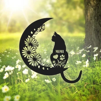 Cat And Moon Metal Wall Art, Cat Wall Decor, Cat Lover Gift, Animal Decor, Home Decor, Housewarming Gift, Cat Gift Sign, Cat On Moon