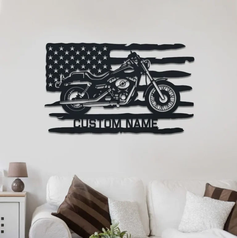 Personalized Us Flag Motorcycle Metal Sign, Motorbike Metal Art, Metal Garage Sign, Men Cave Sign, Fathers Gift, Motorcross Metal Sign