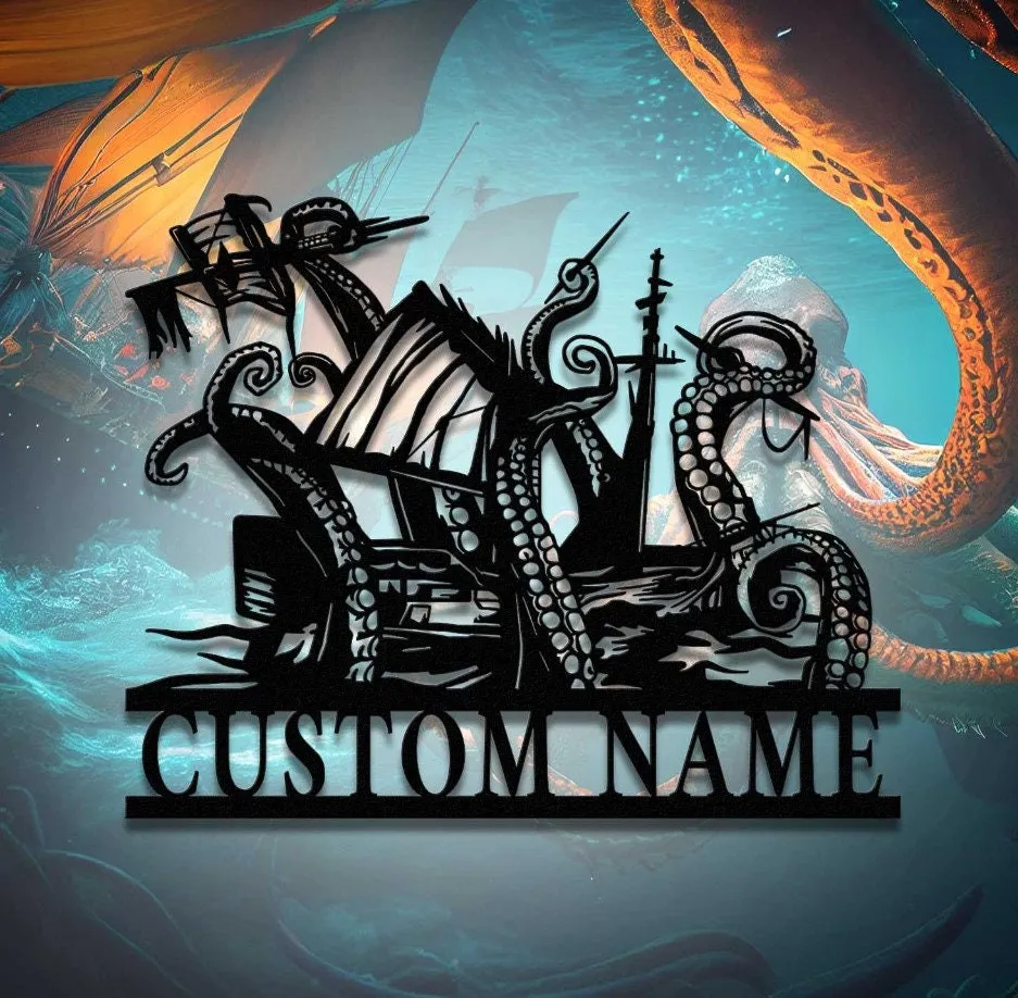 il_fullxfull.5188274533_4sqm.webp Custom Ship Octopus Tentacles Metal Wall Art Personalized Kraken Octopus Name Sign Home Decor Ocean Sea Monster Decoration Gift Octopus Sign
