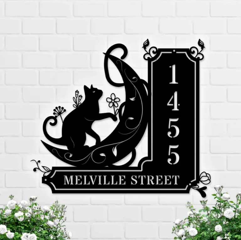 Personalized Black Cat On The Moon House Number Metal Wall Art, Personalized Address Sign Home Decor, Address Number Sign, Cat Lover Gift