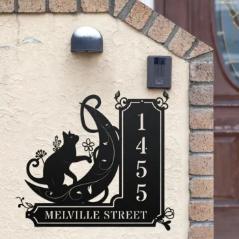 Personalized Black Cat On The Moon House Number Metal Wall Art, Personalized Address Sign Home Decor, Address Number Sign, Cat Lover Gift