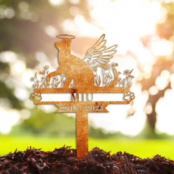 Personalized Cat Memorial Garden Stake, Rustic Rusty Metal Cat With Wings, Cat Memorial Stake, Sympathy Outdoor Decor, Loss Of Cat Grave Marker