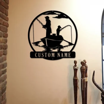 Personalized Fisher Name Sign, Custom Father Son Fishing Metal Wall Art, Home Decor, Kid Boy Nursery Decoration, Birthday Gift, Fishing Sign