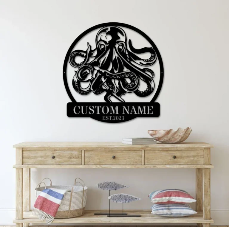 Personalized Octopus Metal Sign, Octopus Metal Wall Art, Custom Octopus Name Sign, Octopus Beach Home Decor, Octopus Sea Life Wall Decor