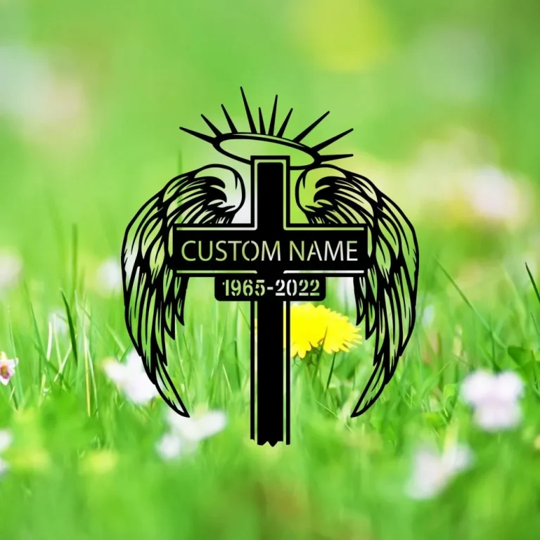 Custom Angel Wings Cross Name Metal Yard Stake With Solar Light, Cross With Wings Sympathy Gift, Roadside Memorial Cross, Grave Marker