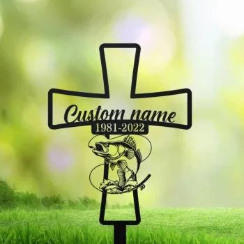 Memorial Cross Metal Stake Personalized, Grave Site Marker, Memorial Stake For Ourdoor Site, Memorial Cross Stake, Fisherman Grave Marker