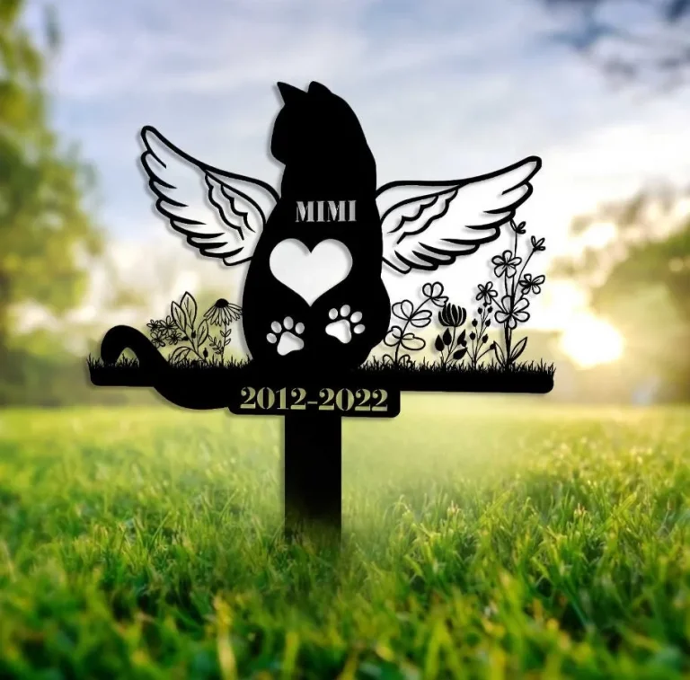 Personalized Cat Memorial Garden Stake, Rustic Rusty Metal Cat With Wings And Butterfly, Loss Of Cat Grave Marker, Sympathy Outdoor Decor