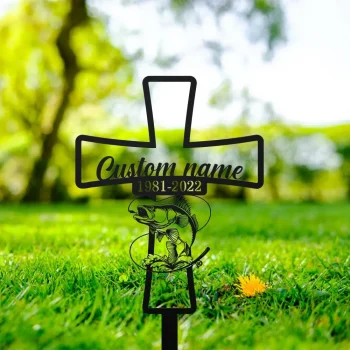 Memorial Cross Metal Stake, Memorial Cross Stake, Fisherman Grave Marker, Memorial Gift, Grave Site Marker, Memorial Stake For Outdoor Site