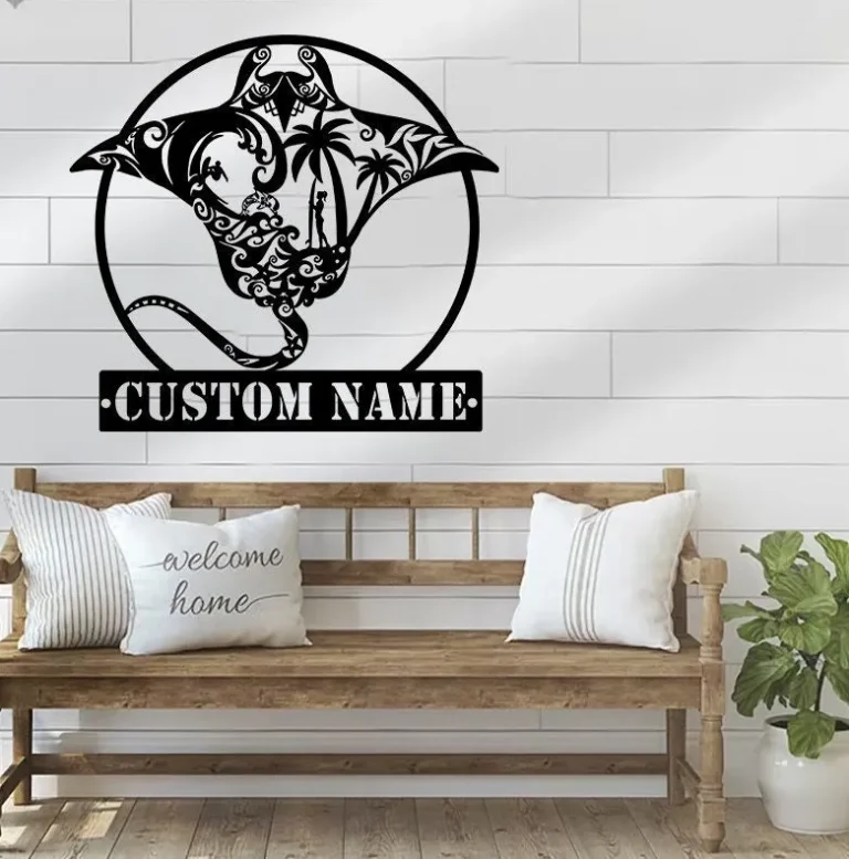 Custom Surfing Manta Ray Metal Wall Art Personalized Stingray Name Sign Home Decor Beach Ocean Wave Decor Housewarming Gift Beach House Sign