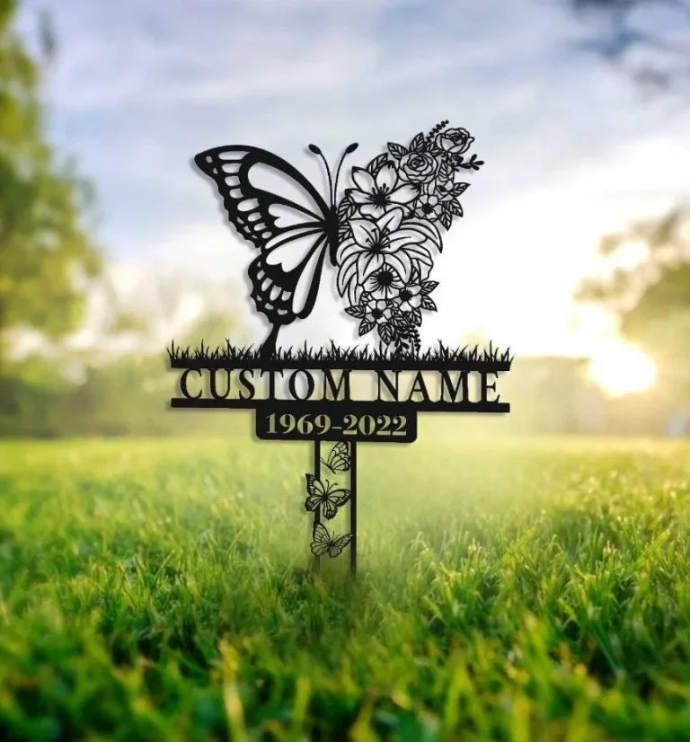 Custom Butterflies Memorial Stake, Garden Decor, In Loving Memory, Butterflies And Flower, Metal Stake, Sympathy Sign, Grave Marker