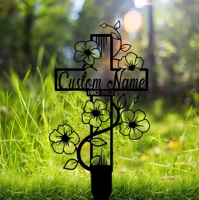 Cross Memorial Metal Stake Custom, Floral Cross Grave Marker, Sympathy Grave Stake, Loss Of Loved Ones Remembrance Bereavement Grave Markers