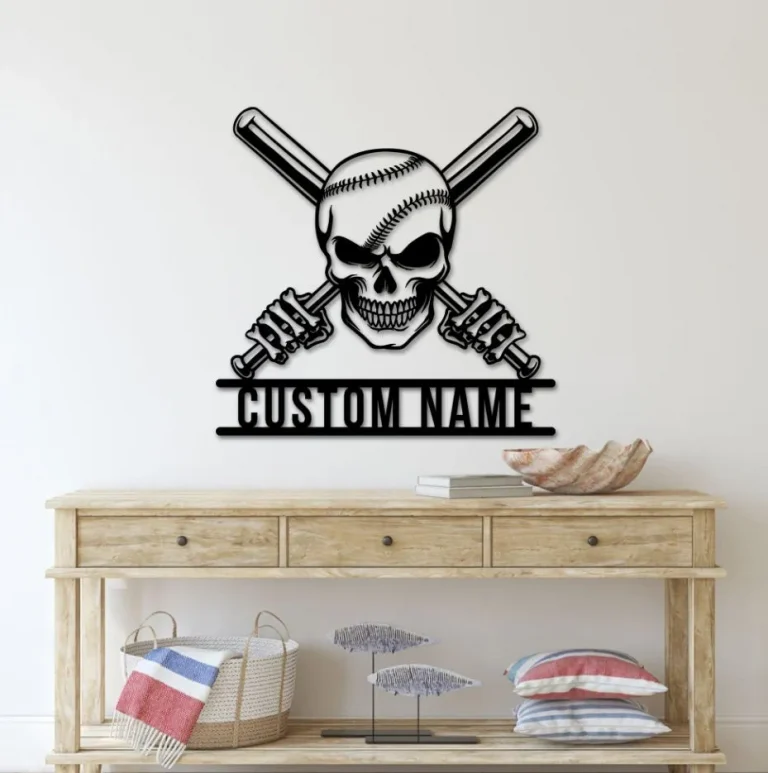 Custom Baseball Skull Metal Wall Art, Personalized Baseball Player Name Sign Baseball Metal Wall Decor, Baseball Lover Gift Home Decor
