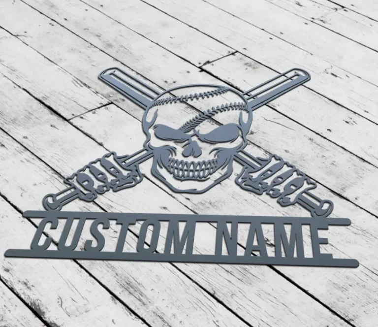Custom Baseball Skull Metal Wall Art, Personalized Baseball Player Name Sign Baseball Metal Wall Decor, Baseball Lover Gift Home Decor
