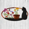 Black Cat At The Flower Garden Color Metal Wall Decoration, Black Cat Laser Cut Plaque, Farmhouse Sign, Gift For Cat Lover, Home Decor