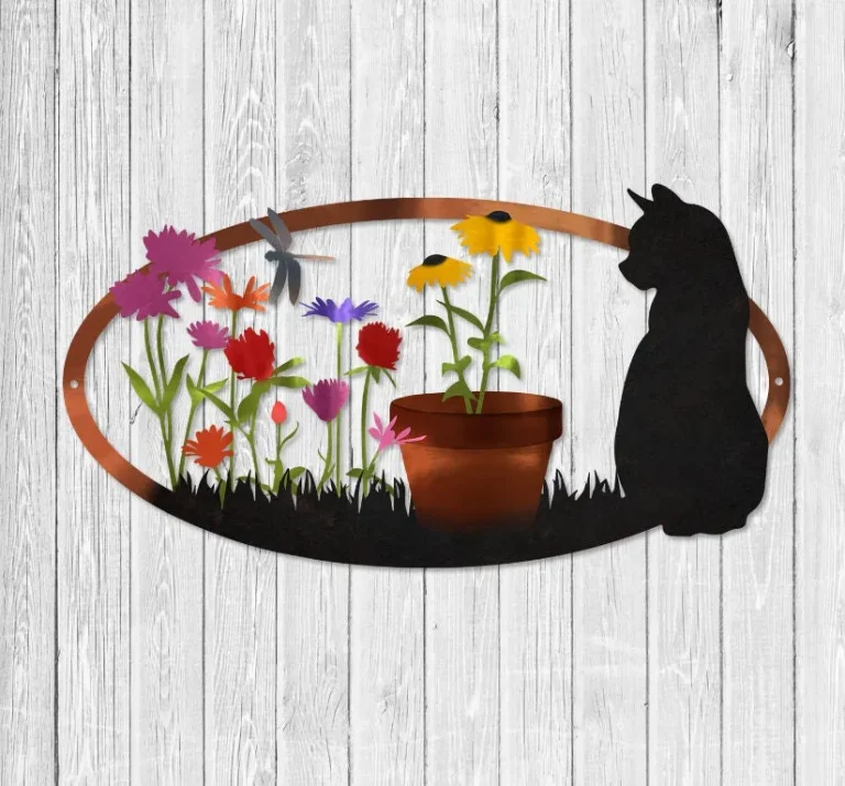 Black Cat At The Flower Garden Color Metal Wall Decoration, Black Cat Laser Cut Plaque, Farmhouse Sign, Gift For Cat Lover, Home Decor