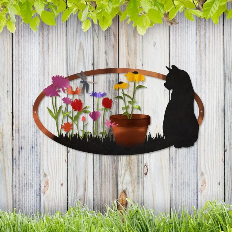 Black Cat At The Flower Garden Color Metal Wall Decoration, Black Cat Laser Cut Plaque, Farmhouse Sign, Gift For Cat Lover, Home Decor