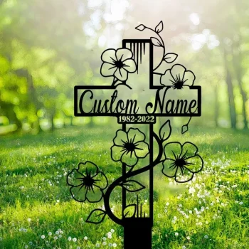 Cross Memorial Metal Stake Custom, Floral Cross Grave Marker, Sympathy Grave Stake, Loss Of Loved Ones Remembrance Bereavement Grave Markers