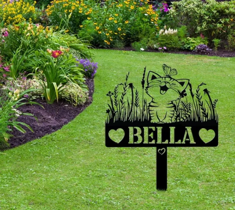 Metal Cat With Butterfly Memorial, Personalized Cat Name Yard, Floral Cat Playing With Butterfly Metal Garden, Custom Cat Flower Garden