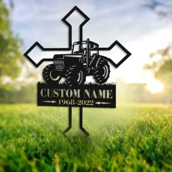 Custom Farmer Memorial Cross, Tractor Garden Stake Metal Yard Art, Grave Marker Cemetery Decor, Farmer Dad Memorial Gift, Farmer Gift