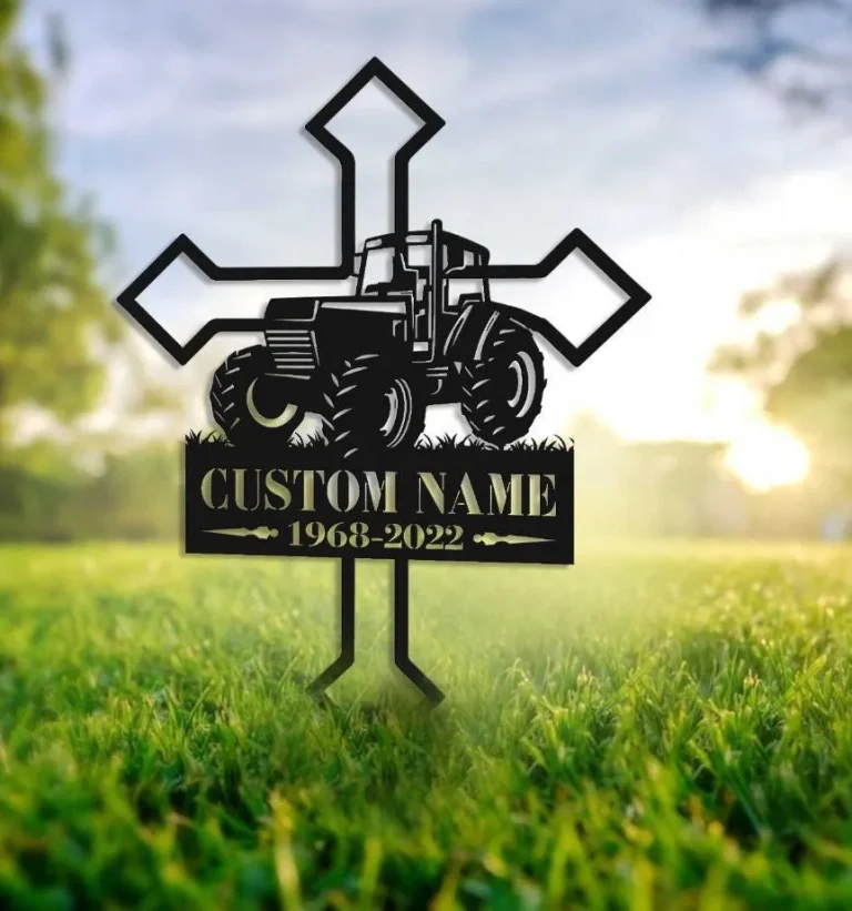 Custom Farmer Memorial Cross, Tractor Garden Stake Metal Yard Art, Grave Marker Cemetery Decor, Farmer Dad Memorial Gift, Farmer Gift