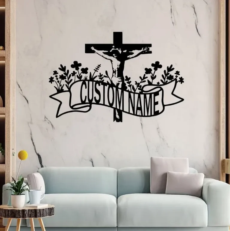 Personalized Faith Cross Metal Sign, Custom Family Name Sign, Jesus And Cross Sign, Christian Sign, Front Door Decor, Home Decor, Cross Wall Art