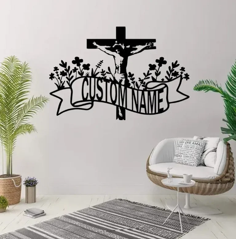 Personalized Faith Cross Metal Sign, Custom Family Name Sign, Jesus And Cross Sign, Christian Sign, Front Door Decor, Home Decor, Cross Wall Art