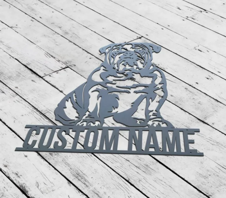 Custom English Bulldog Dog Sit Metal Sign, Personalized Happy Paw Puppy Pup Pet Name Sign Dog Name Sign Decoration For Home, Dog Home Decor