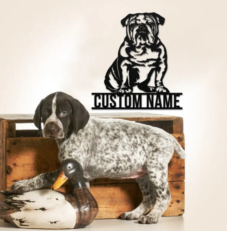 Custom English Bulldog Dog Sit Metal Sign, Personalized Happy Paw Puppy Pup Pet Name Sign Dog Name Sign Decoration For Home, Dog Home Decor