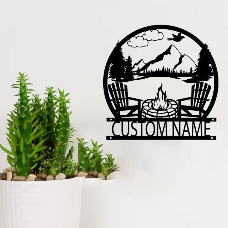 Custom Campfire Metal Sign, Lake House Sign, Personalized Camp Name Sign, Outdoor Decor, Address Sign, Lake Scene Campsite Monogram Decor