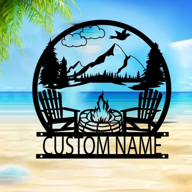 Custom Campfire Metal Sign, Lake House Sign, Personalized Camp Name Sign, Outdoor Decor, Address Sign, Lake Scene Campsite Monogram Decor