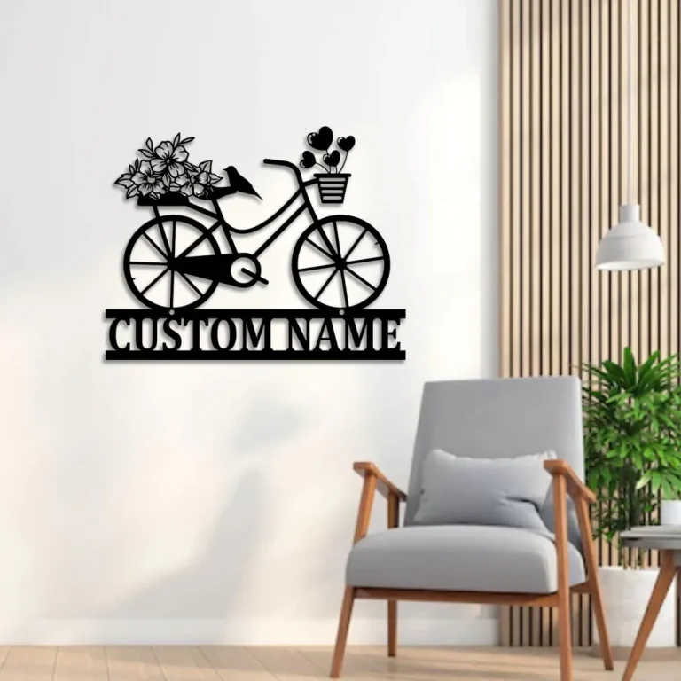 Custom Bicycle With Flowers Metal Wall Art, Bicycle Racing Lover, Bicycle Wall Decor, Bicycle Gift, Cyclist Name Sign, Bicycle Wall Art