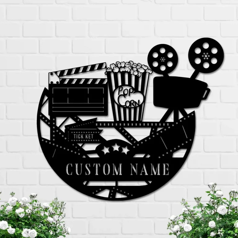 Custom Movie And Popcorn Metal Wall Art, Personalized Cinema Film Movie Name Sign Home Decor Man Cave Decoration Movie And Popcorn Sign