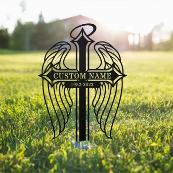 Memorial Cross Stake Personalized, Metal Cross With Angel Wings For Ourdoor, Memorial Cross Stake, Metal Grave Stake, Cemetery Stake, Dad Gift