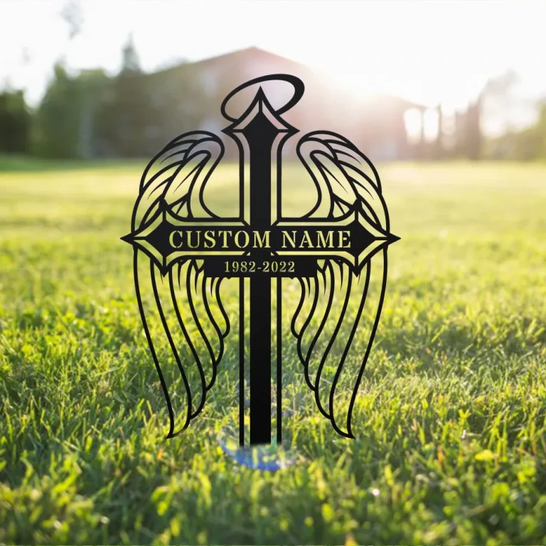 Memorial Cross Stake Personalized, Metal Cross With Angel Wings For Ourdoor, Memorial Cross Stake, Metal Grave Stake, Cemetery Stake, Dad Gift