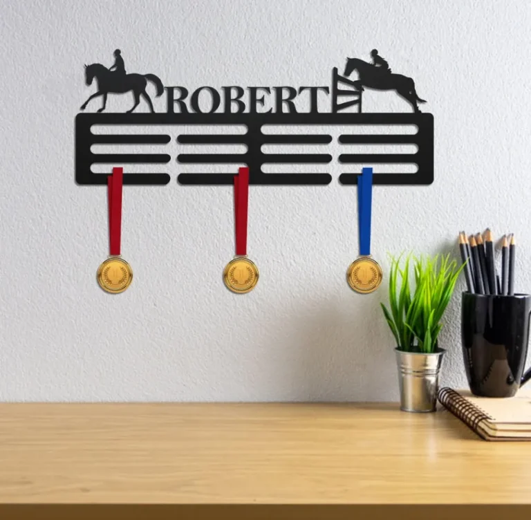 Horse Custom Name Medal Hanger Monogram, 12 Rungs For Medals & Ribbons, Medal Display, Sports Medal, Sports Decor, Riding Horse Medal Hanger