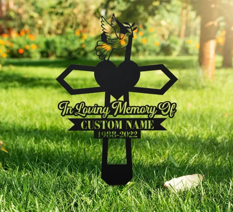 Personalized Dove Heart Memorial Cross, Memorial Garden Stakes, Metal Yard Sign, Grave Marker Cemetery, Dad Memorial Gift, Mom Memorial Gift