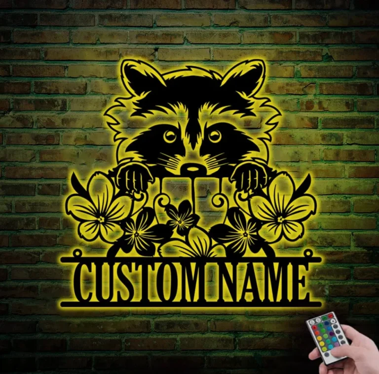 Custom Raccoon Metal Sign With Led Light, Raccoon Gifts, Woodland Animals Home Decor, Raccoon Nursery Decor, Birthday Gift For Kids Wall Art